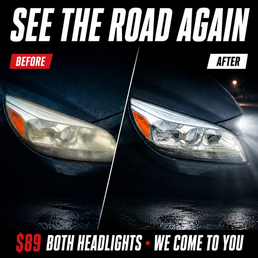 Before and after headlight restoration shown at night