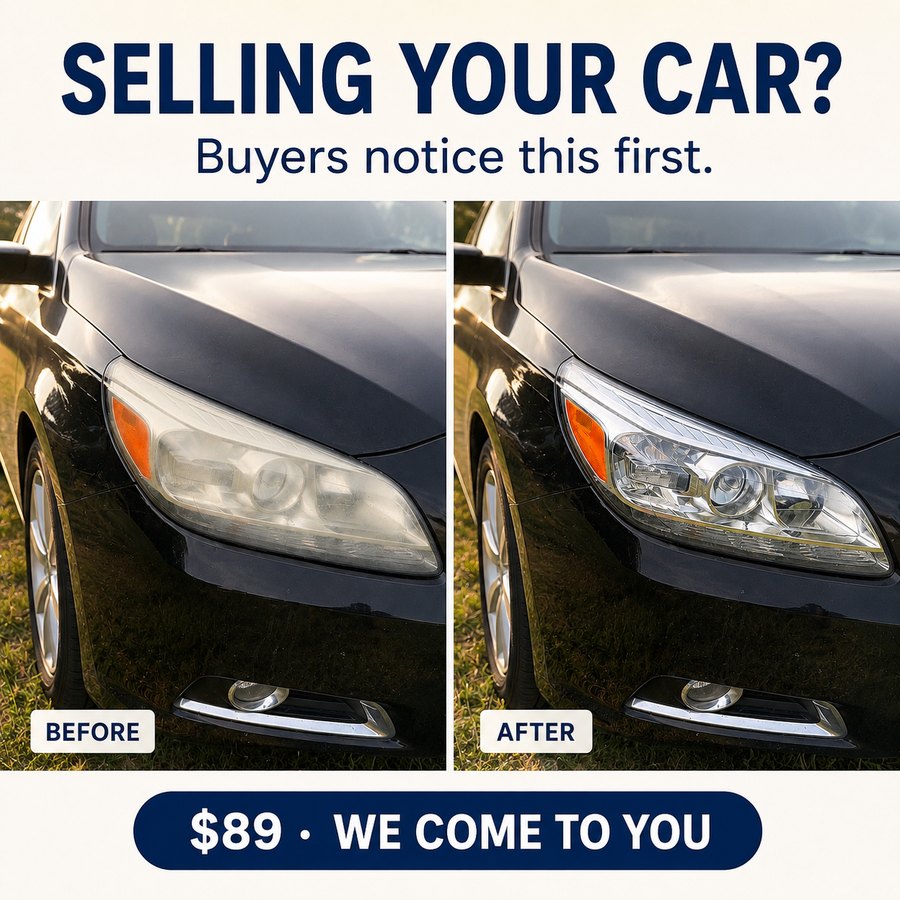 Before and after headlight restoration on a black sedan in daylight